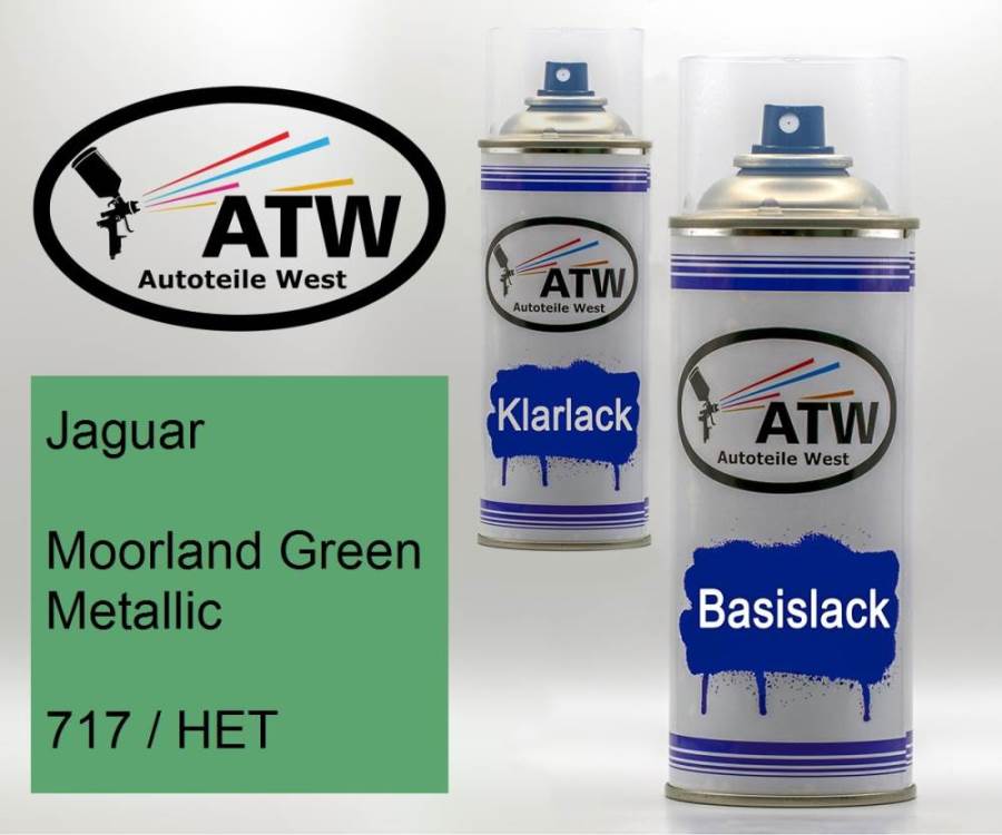 Jaguar, Moorland Green Metallic, 717 / HET: 400ml Sprühdose + 400ml Klarlack - Set, von ATW Autoteile West.